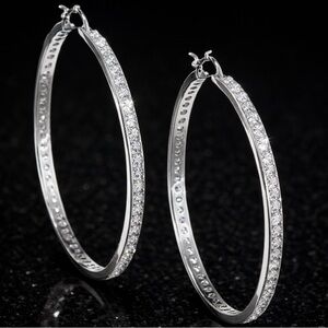2.25” Long Channel Set Cz Diamond Outside Hoop Silver dangle statement Earrings
